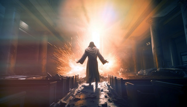 glowing jesus facing a pulpit in a broken down church